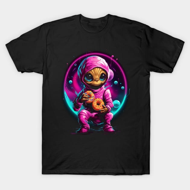 Cute Alien Eating Doughnuts T-Shirt by TNM Design